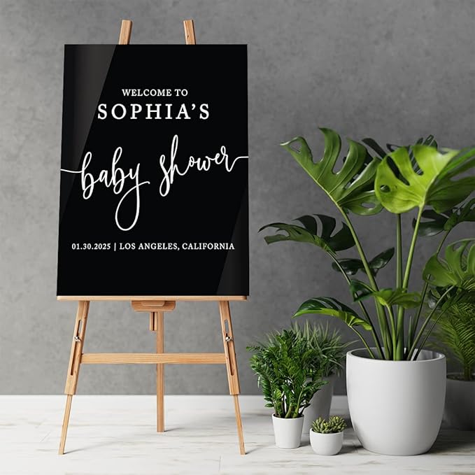 Andaz Press 16"x20" Black Acrylic Personalized Baby Shower Welcome Sign, Gender Neutral Large Custom Sign for Easel Stand, Modern Baby Shower Decorations