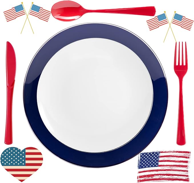 Trendables 4th Of July 190 Ct Red White And Blue Plastic Plate Set with Disposable Silverware Cutlery Fourth Of July Decorations Serves 20 Guests That Is The Perfect Patriotic Decorations For The Home