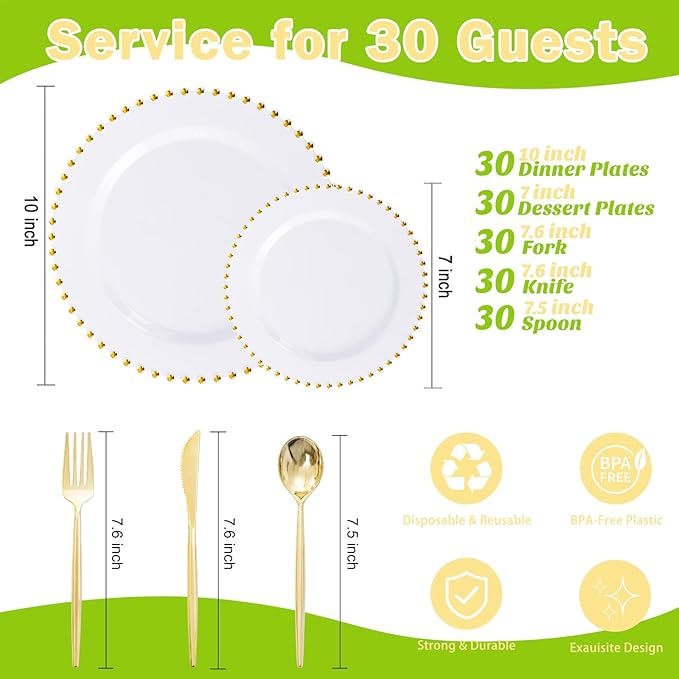 LIYH 150 Pcs White and Gold Plastic Plates - Elegant Disposable Gold Plastic Dinnerware set Include Dinner & Dessert Plates Cups for Birthday Party Wedding 30 Guests