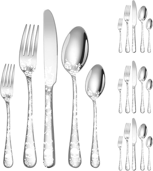 XIAOYU Halloween Themed Skeleton Silverware Set for 4, 20-Piece Stainless Steel Flatware Set, Gothic Skeleton Pattern Decorative Cutlery Set, Halloween Easter and Christmas Tableware, Silver