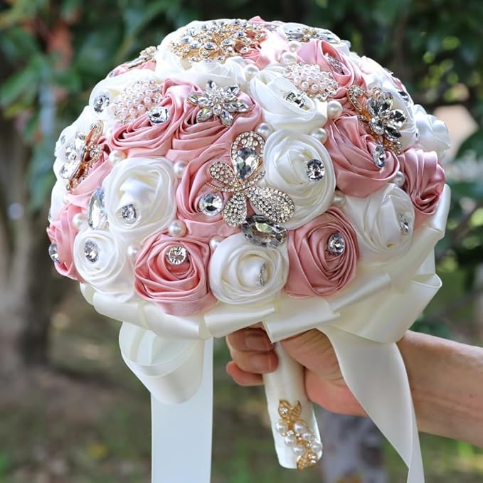 Ivory Blush Pink Bridal Wedding Bouquet Handmade with Luxury Gold Brooch Rhinestone Pearl for Bride Bridesmaid Quinceanera Satin Rose Flower Bouquet Wedding Blush Pink and Ivory 8.7in