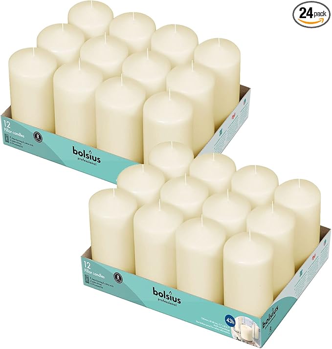 BOLSIUS Ivory Pillar Candles - 2.7x5.1 Inches - 2 Packs = Total 24 Candles - 43+ Hours - Premium European Quality - Consistent Smokeless Flame - Unscented Dripless Pillars
