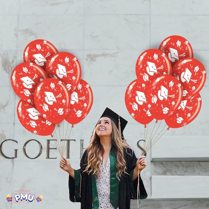 PMU 100 Pcs Red Graduation Balloons Class of 2025 with All-Over Print White Grad Caps-Confetti and Streamers | Graduation Party Supplies | Congratulations Grad Latex Balloons Latex