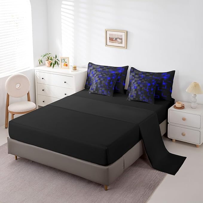 Feelyou Blue and Black Bedding Set Twin Size Light Geometric Comforter Set with Sheets 7 Piece for Kids Boys Decor Bed in a Bag Modern Style Bed Set