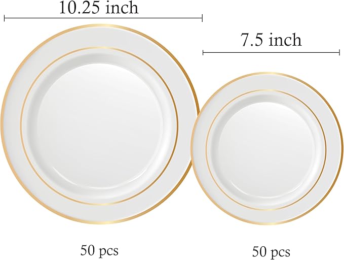 Neatiffy100 Pcs Gold Rim Plastic Dinnerware Set (50 Guest) | 50 x (Dinner Plate, Dessert Plate) | For Wedding, Luxurious Party, Special Event