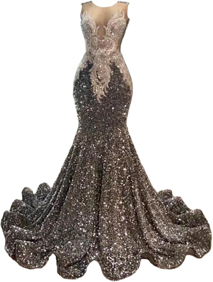 Datangep Crew Neck Sequined Mermaid Prom Dress Applique Crystal Evening Dress Celebrity Pageant Gown