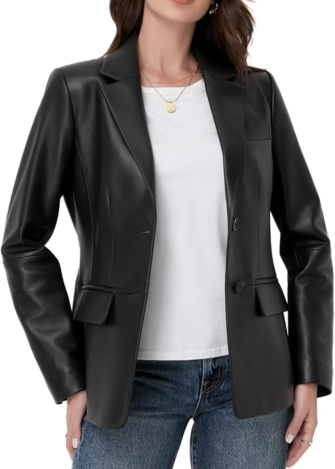 SILVER FASHIONS Lambskin Leather Jacket Women,Long Sleeve Button Front Leather Blazer,Notched Lapel Casual Style,Vent Detail