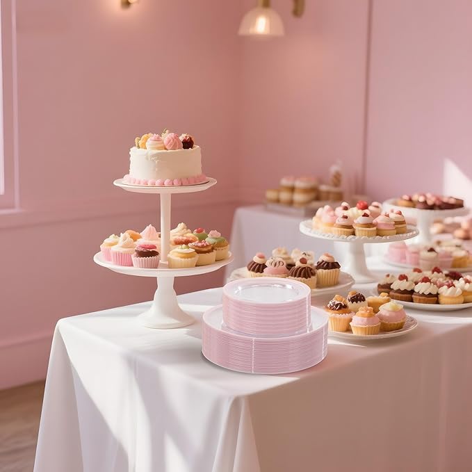 I00000 350 Pcs Clear Pink Plates for 50 Guests, Pink Dinnerware Include 100 Plates, 50 Cups, 50 Pre Rolled Napkins with Cutlery Set for Party and Wedding