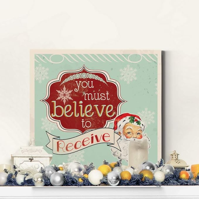 Renditions Gallery You Must Believe to Receive Santa Wall Art, Christmas & Winter Artwork, Holiday Decor, Red & White, Premium Gallery Wrapped Canvas, Ready to Hang, 40 in H x 40 in W, Made in America