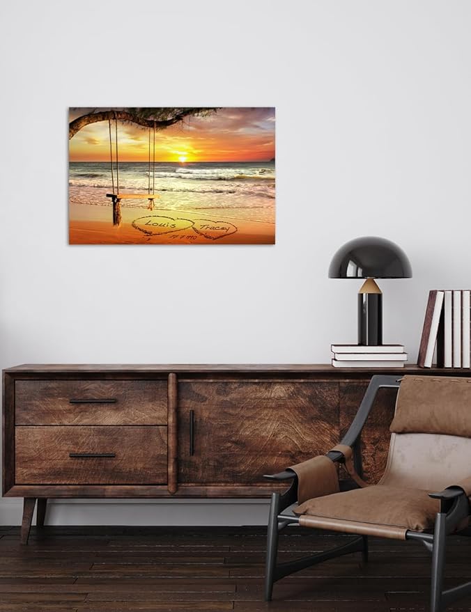 IPIC - "Eternal Love Personalized Canvas Wall Art, Custom Beach Sunset Scene with Names and Date in Sand, A Personalized Gift for Couple, Wedding, or Anniversary, Coastal Home Decor
