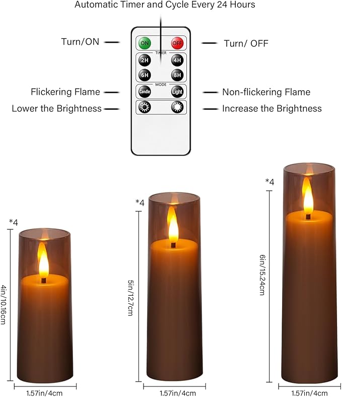 Flickering Flameless Candles, Battery Operated Acrylic LED Pillar Candles with Remote Control and Timer,Pack of 12,(D1.57 xH 4" 5" 6") for Holiday Decorations Home Decorations (Grey)