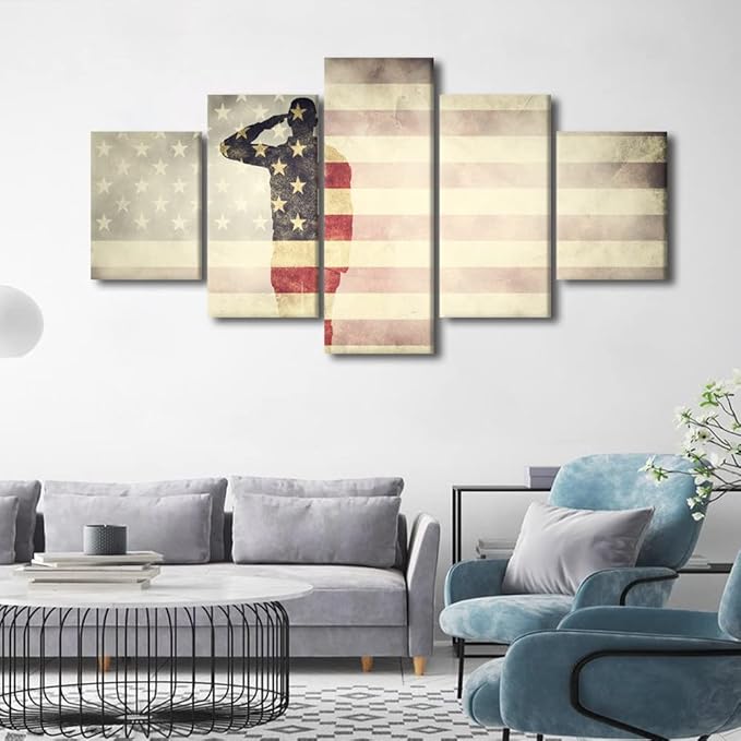 TISHIRON Native American Flag Decor Military Posters and Prints on Canvas Saluting Soldier Paintings 5 Panel Wall Art Artwork Pictures Artwork Home Decor for Living Room Framed Ready to Hang 60x32 in