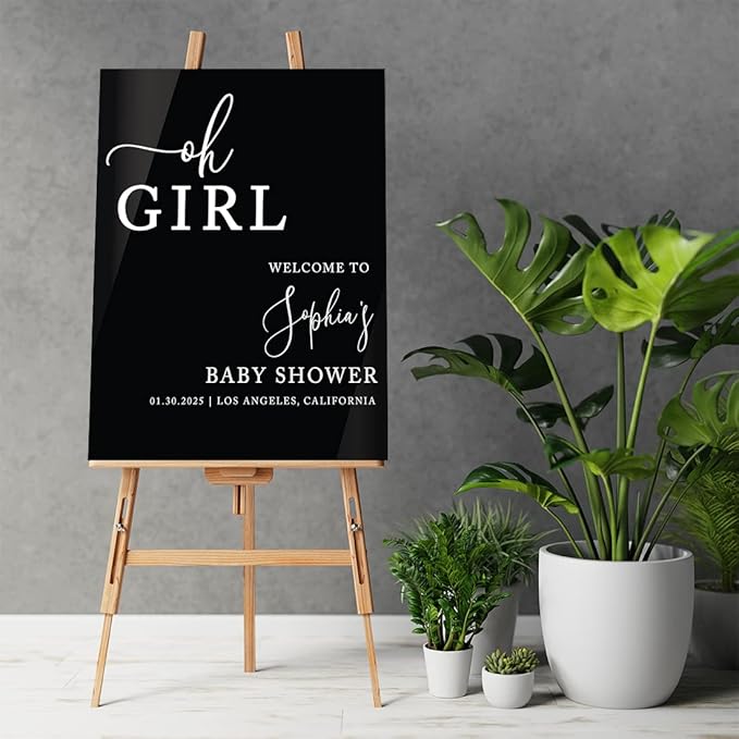 Andaz Press 16"x20" Black Acrylic Personalized Baby Shower Welcome Sign, Gender Neutral Large Custom Sign for Easel Stand, Oh Girl Baby Shower Decorations