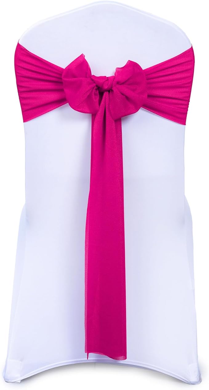 VDS Pack of 125, Hot Pink, Sheer Chiffon Chair Sashes Bows Chair Cover Back Tie Ribbon for Wedding Birthday Baby Shower Engagement Ceremony Event Party Banquet Restaurant Dining Chair Decoration