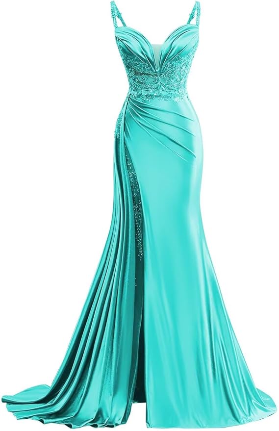 V Neck Satin Prom Dresses Long Mermaid Lace Evening Gown with Slit Pleated Bodycon Formal Dress with Tail