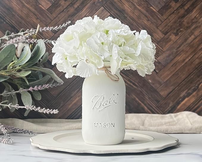 White Mason Jar Centerpieces for Baby Shower, Set of 5-32 oz Hand-Painted Mason Jars for Wedding, Baby Shower, Bridal Shower Decor - Centerpiece Table Decorations (5 White w/Hydrangea)