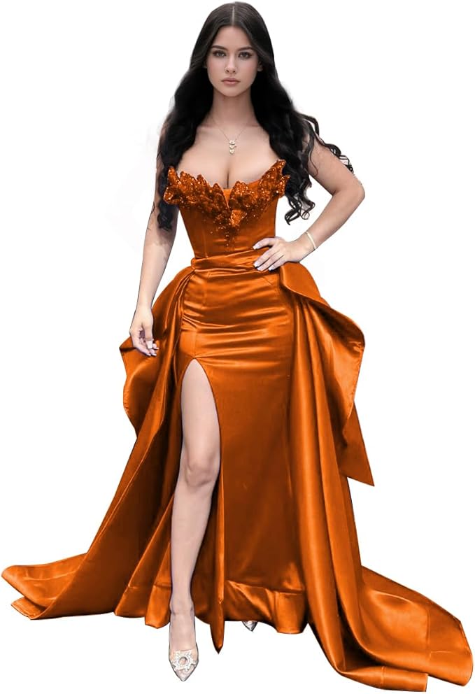 GARDOM Mermaid Satin Prom Dress 2026 Strapless Ball Gown Leaf Ruffle Sequin Slit Formal Dresses for Women Evening Wedding