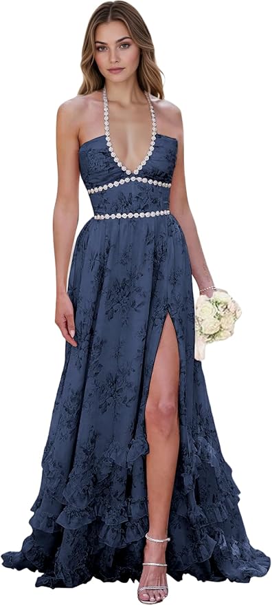 Floral Printed Chiffon Prom Dress for Carmen 2025 Long V Neck Floor Length Photoshoot Dress with Side Slit Ruched
