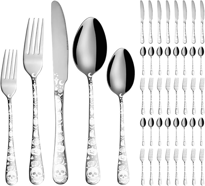 XIAOYU 40 Piece Halloween Gothic Skull Pattern Silverware Set, Stainless Steel Flatware Set for 8, Tableware Cutlery Set with Unique Skull Design, Perfect for Halloween Easter and Christmas, Silver