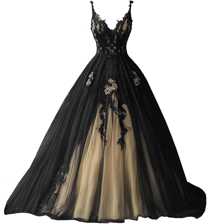 TRHTX Spaghetti Straps Wedding Dresses for Bride Layered Tulle Gothic Black Bridal Gowns Lace Applique Wedding Gowns