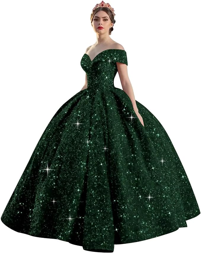 Quinceanera Dress Long Ball Gown Sparkly Sequin Off Shoulder V Neck Prom Dresses