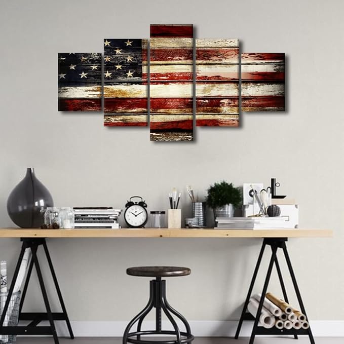 Art Work for Home Walls Native American Flag Decor Retro Paintings Star&Stripe Pictures for Living Room 5 Panel Canvas USA Artwork Home Decor Giclee Wooden Framed Stretched Ready to Hang 60x32 in
