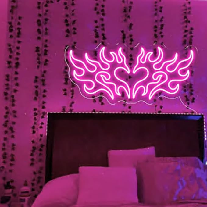 Large Heart Flame Neon Sign, Gothic Style Light Sign, Personalized Gift,Bedroom Decor,Heart Wall Art Décor Size:24in x 11.2in