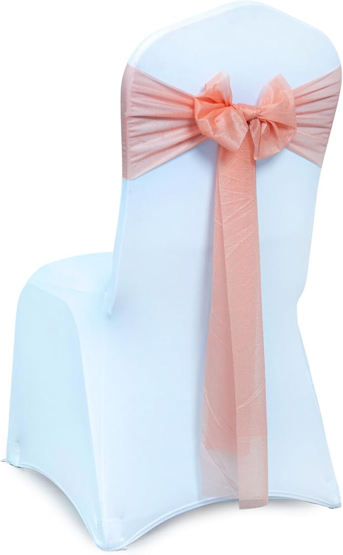 VDS Pack of 75, Peach, Sheer Chiffon Chair Sashes Bows Chair Cover Back Tie Ribbon for Wedding Birthday Baby Shower Engagement Ceremony Event Party Banquet Restaurant Dining Chair Decoration