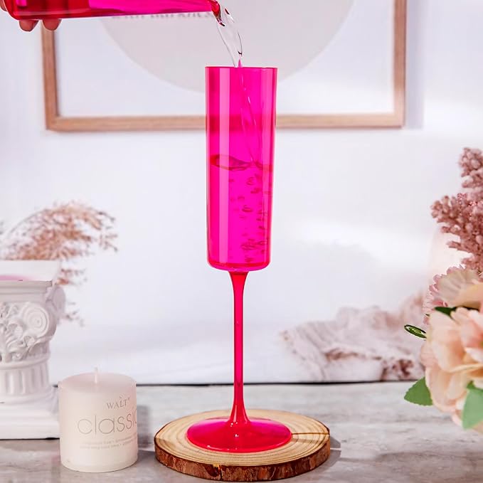 Ciaell 24 Pack Plastic Champagne Flutes - Hot Pink 6 Oz Disposable Champagne Glasses - Square Plastic Toasting Glasses for Party Birthday Anniversary Wedding & Valentine's Day