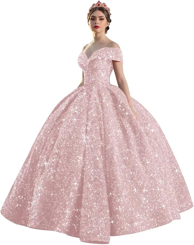 Quinceanera Dress Long Ball Gown Sparkly Sequin Off Shoulder V Neck Prom Dresses