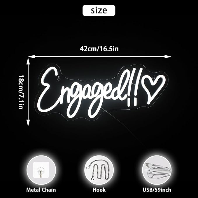 NOSUN Engaged Neon Sign White Neon Signs for Wall Decor with Dimmable Wedding Bridal Shower Neon Light Up Signs Led Sign for Shop Birthday Wedding Engagement Decor LED Neon Sign LED Light Sign
