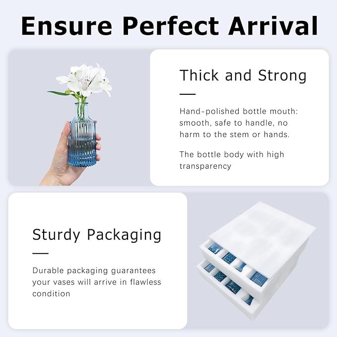 16pcs Glass Bud Vase Set, Small Blue Flower Vases for Centerpieces in Bulk, Mini Vintage Vase for Wedding, Home Decor, Table Decoration