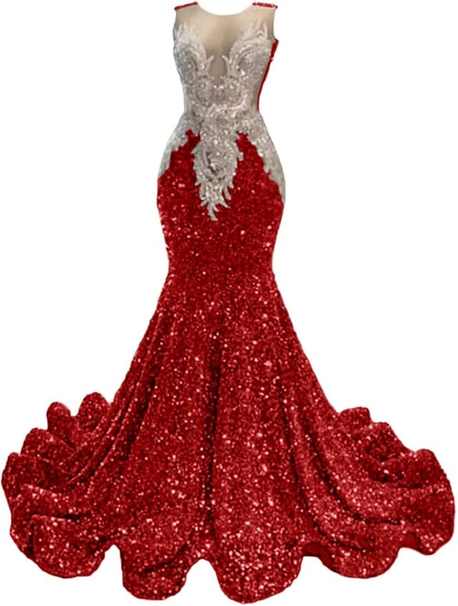 Datangep Crew Neck Sequined Mermaid Prom Dress Applique Crystal Evening Dress Celebrity Pageant Gown