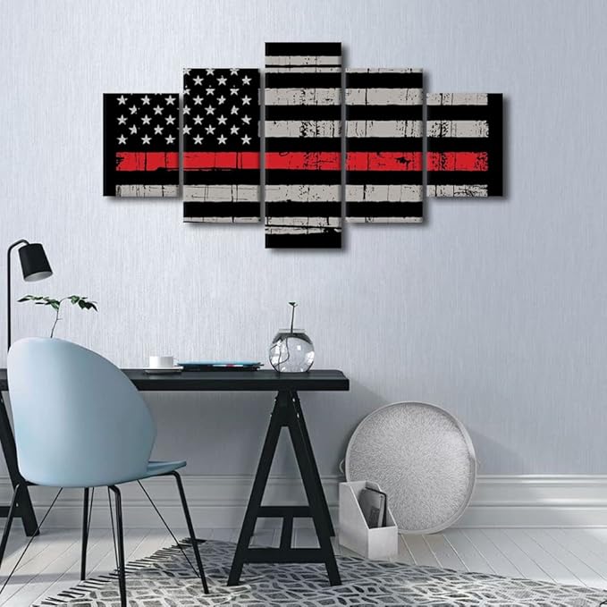 5 Panels Retro American Flag Wall Art Black White and Red US Flag Painting Prints Artwork Modern Home Decor Canvas Wall Art for Home and Office Wooden Decoration Framed Ready to Hang 60x32 in