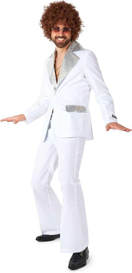 Suitmeister Men's Disco Costume Suit - Saturday Night Fever Outfit - Slim Fit - Including Blazer and Flare Pants - White