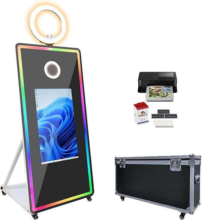 Photo Booth with Printer Magic Mirror Photo Booth 32-inch Touch Screen Built-in Mini PC Ring Light RGB LED Frame Selfie Photobooth Machine for Party Events Rental Wedding Instant Printing