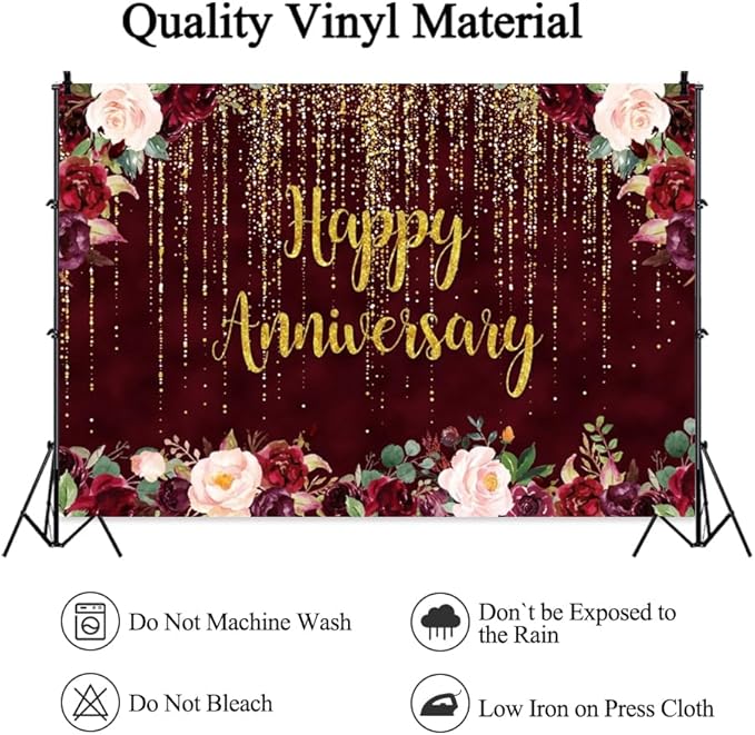 10x7ft Happy Anniversary Backdrop, Gold Glitter Burgundy Wedding Anniversary Photography Background 1st 40th 50th 69th Couple Wedding Women Birthday Floral Party Decorations Cake Table Decor
