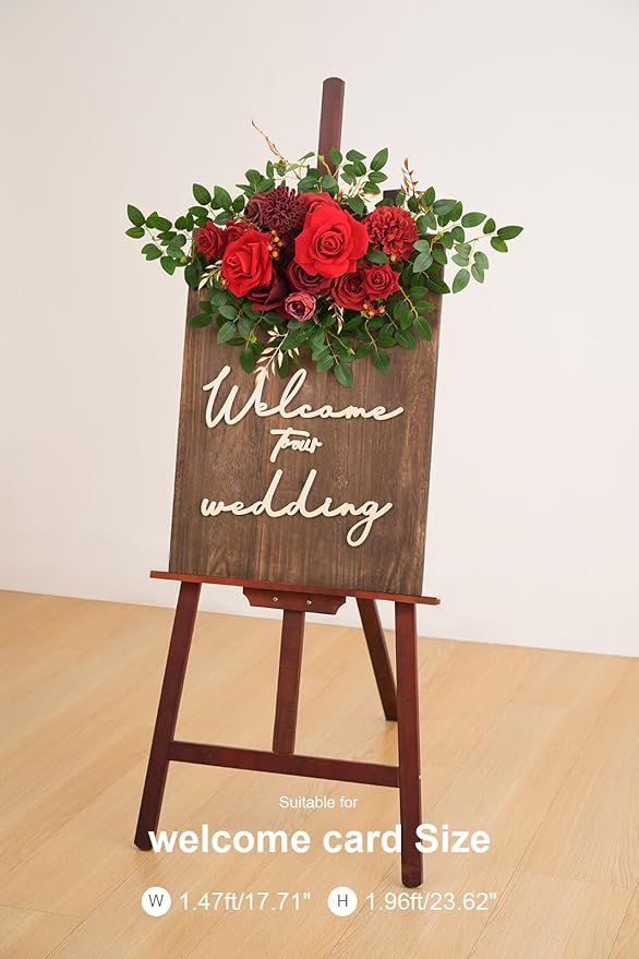 2pcs Burgundy & Red Deluxe Welcome Sign Artificial Flowers Wedding Backdrop Garland Hanging Floral Arrangements for Ceremony Reception Entryway Board Sweetheart Table