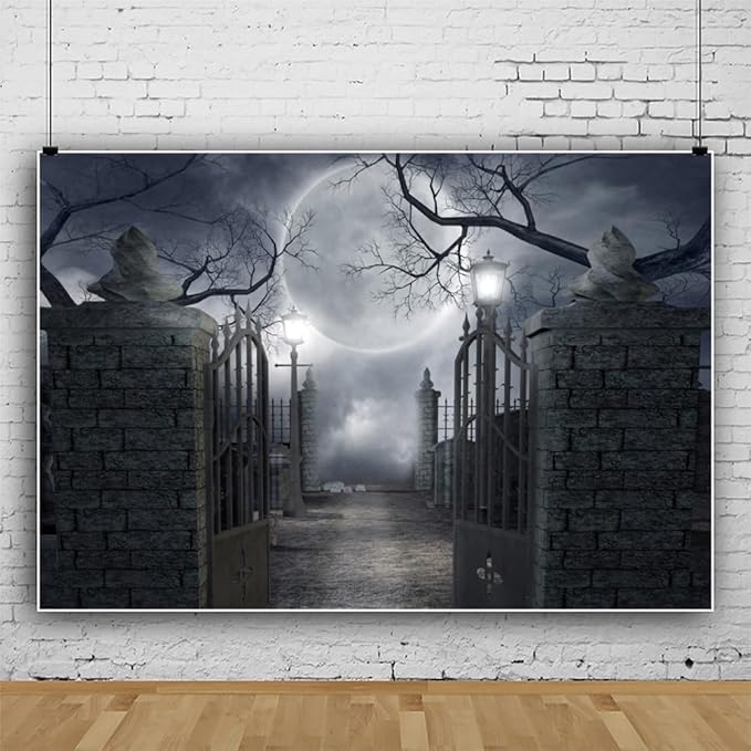 Halloween Night Backdrop Full Moon Cemetery Horrible Gloomy Forest Background Banner Spooky Theme Party Studio Photography Decoration Backdrops 10x10FT Wallpaper