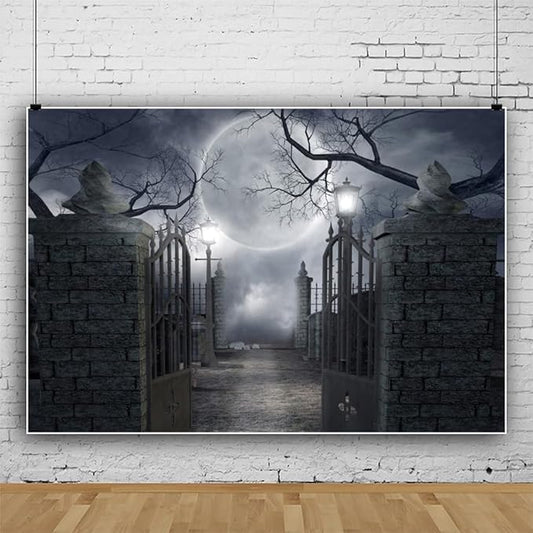 Halloween Night Backdrop Full Moon Cemetery Horrible Gloomy Forest Background Banner Spooky Theme Party Studio Photography Decoration Backdrops 10x6.5FT Wallpaper