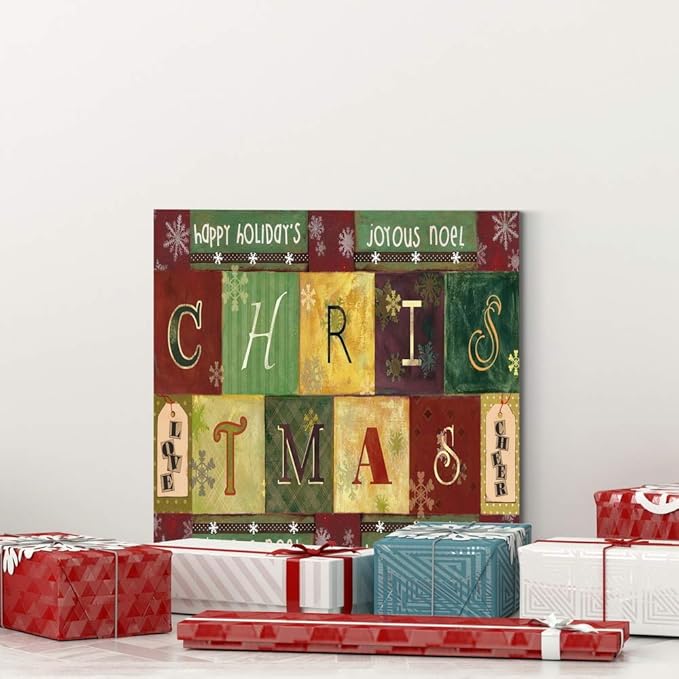 Renditions Gallery Christmas Word Art Wall Art, Cute Winter Decor, Colorful Wrapping Paper Like Designs, Snowflakes, Premium Gallery Wrapped Canvas, Ready to Hang, 40 in H x 40 in W, Made in America