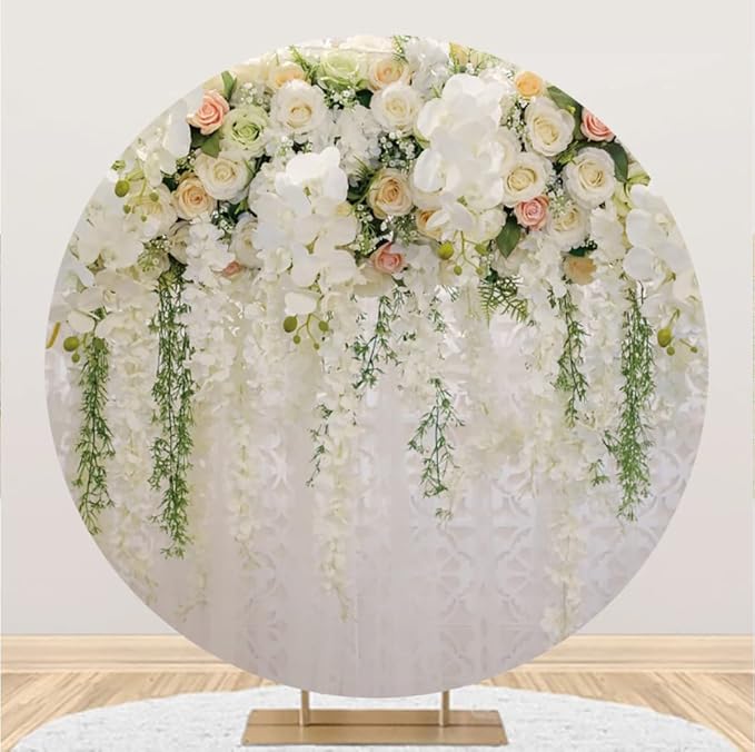Leyiyi 6.5x6.5ft Wedding Round Backdrop Cover Bridal Shower Wedding Floral Wall Backdrop White and Green Wisteria Rose Flowers Photography Background Birthday Party Dessert Table Decoration Banner