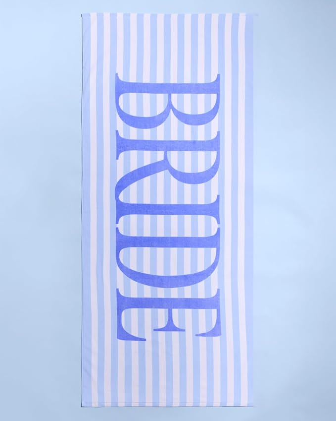 xo, Fetti Bride Blue Stripe Beach Towel - 100% Cotton | Bachelorette Decorations, Coastal Bridal Shower Gift, Poolside Bride to Be, Bridesmaid Gift, Beach Bach Supplies