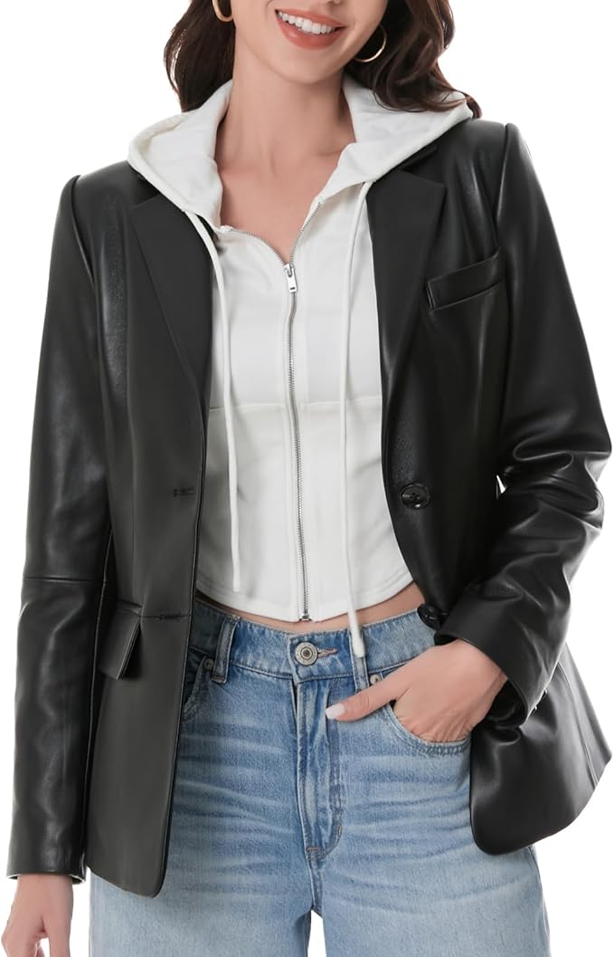 SILVER FASHIONS Lambskin Leather Jacket Women,Long Sleeve Button Front Leather Blazer,Notched Lapel Casual Style,Vent Detail