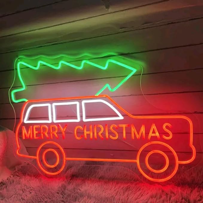 Merry Christmas Truck Neon Sign, Custom Christmas Tree LED Neon Light Home Wall Decor Farm Holiday Decor Christmas Red Truck Wall Art Gift Size:20x13inches