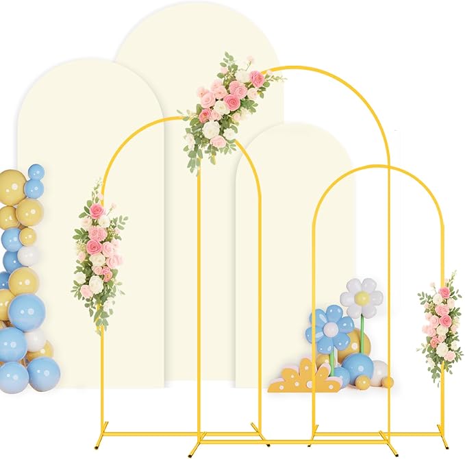 Wedding Arch Stand and Cover Set 6FT, 5FT, 4FT Metal Backdrop Stand Set of 3 with Ivory Arch Spandex Covers Balloon Arch Backdrop Stands Cover for Birthday Party Baby Shower Banquet Ceremony Decor