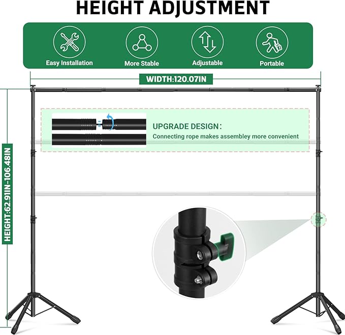 3-in-1 Backdrop Stand Kit 10x8.5 ft for Photography Studio, T-Shape Backdrop Stand for Wedding Parties, Background Stand for Photo Video Studio with Carring Bag, 6 Clamps, 2 Sandbags