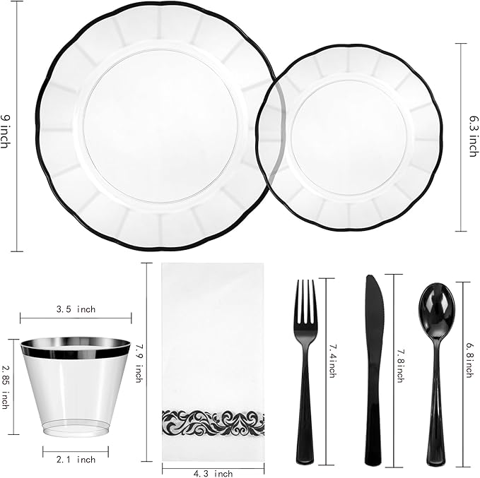 LIYH 700 Pcs Clear Black Plastic Dinnerware Set for 100 Guests, Disposable Plastic Wavy Black Plates for Party Include Dinner & Dessert Plates, Napkins, Cups, Cutlery for New Years Day
