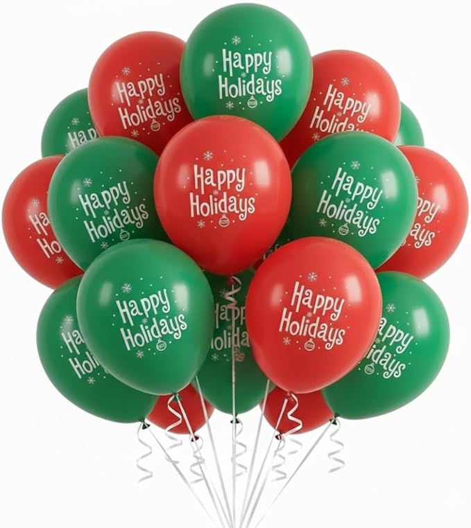 PMU 50 Pcs Christmas 17 Inch Latex Balloons – Red & Green Assorted “Happy Holidays” Party Balloons for Xmas Decorations, Holiday Events, Indoor Outdoor Christmas Party Supplies