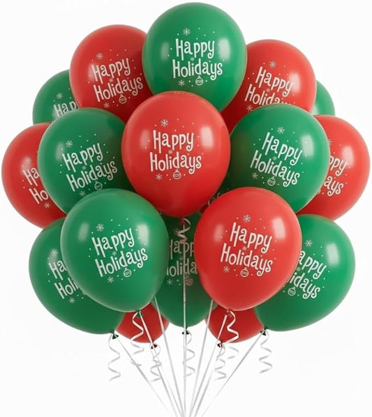 PMU 100 Pcs Christmas 17 Inch Latex Balloons – Red & Green Assorted “Happy Holidays” Party Balloons for Xmas Decorations, Holiday Events, Indoor Outdoor Christmas Party Supplies